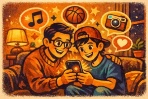 Ilustração vintage colorida sobre controle parental do algoritmo do Instagram para adolescentes